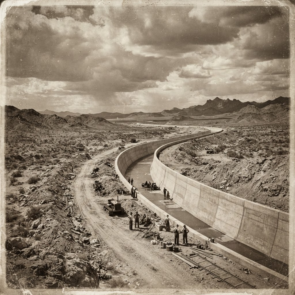A 1930s concrete aqueduct channel cutting through the Mojave Desert