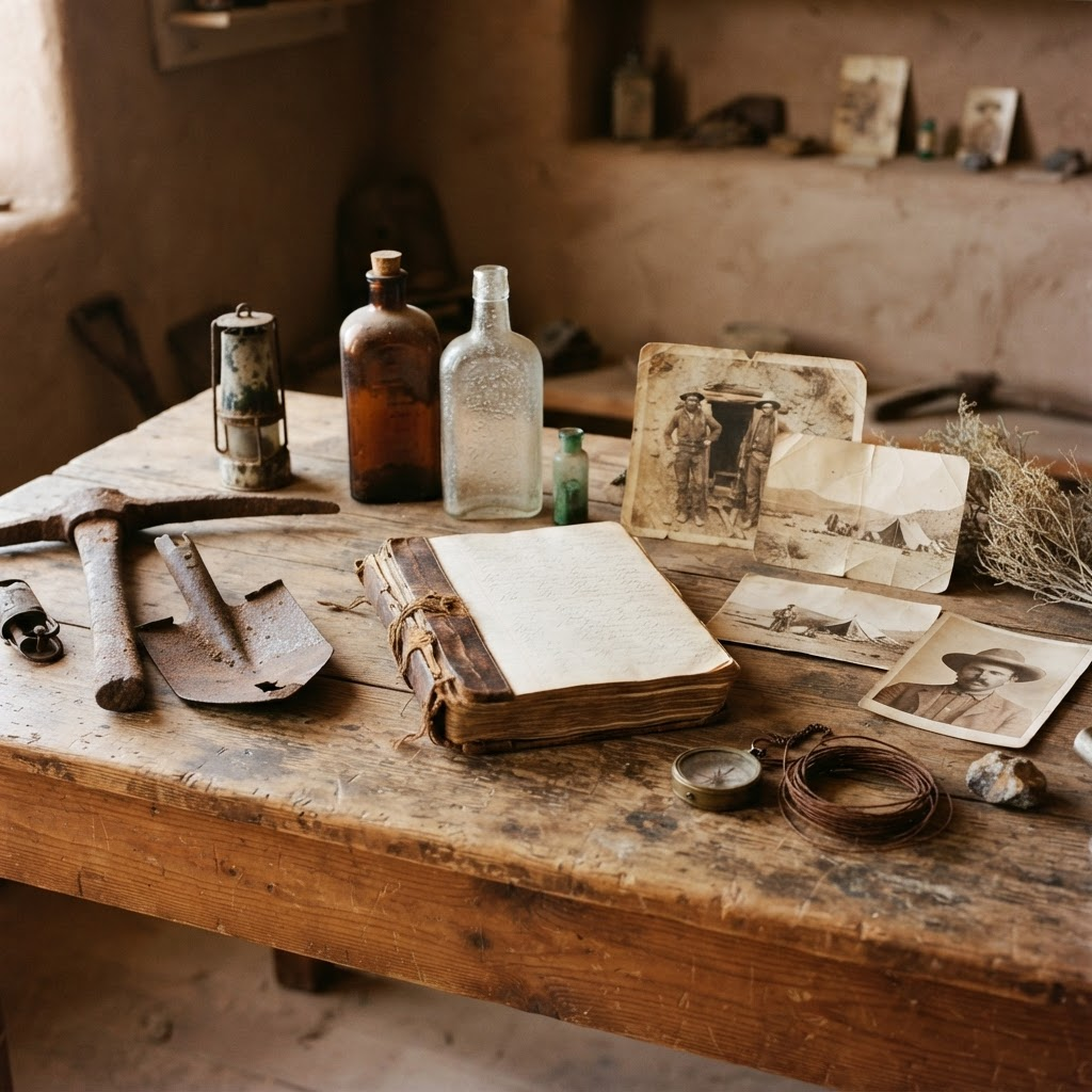 Historical desert artifacts including mining tools and old photographs on a table