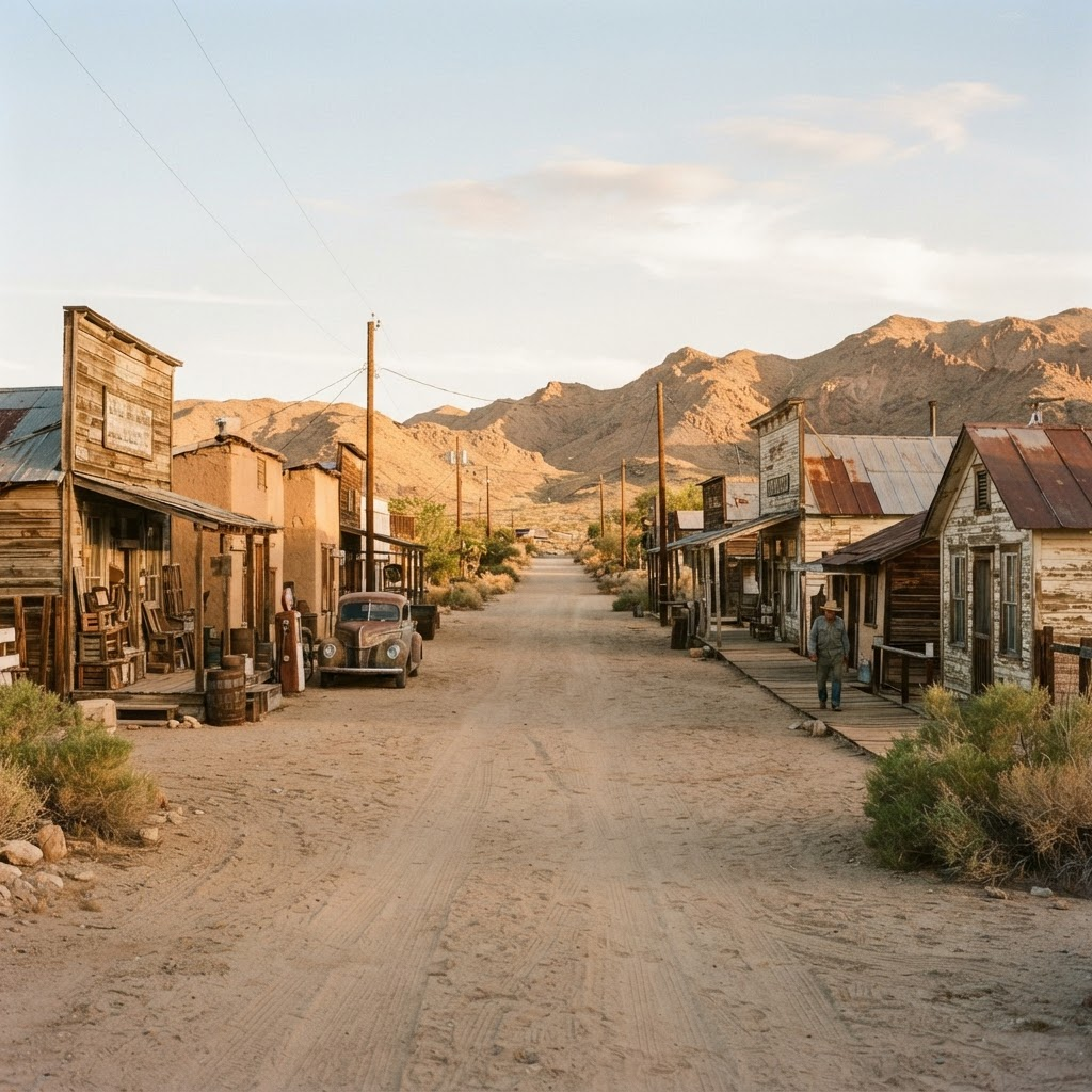 A weathered main street in the old desert town of Vidal, California