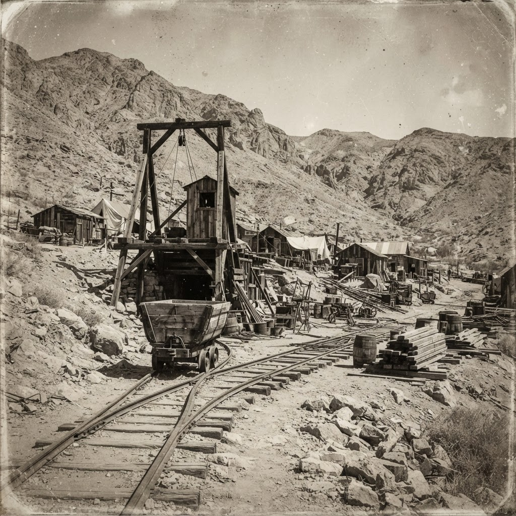 An 1890s desert mining camp with old railroad tracks and an ore cart