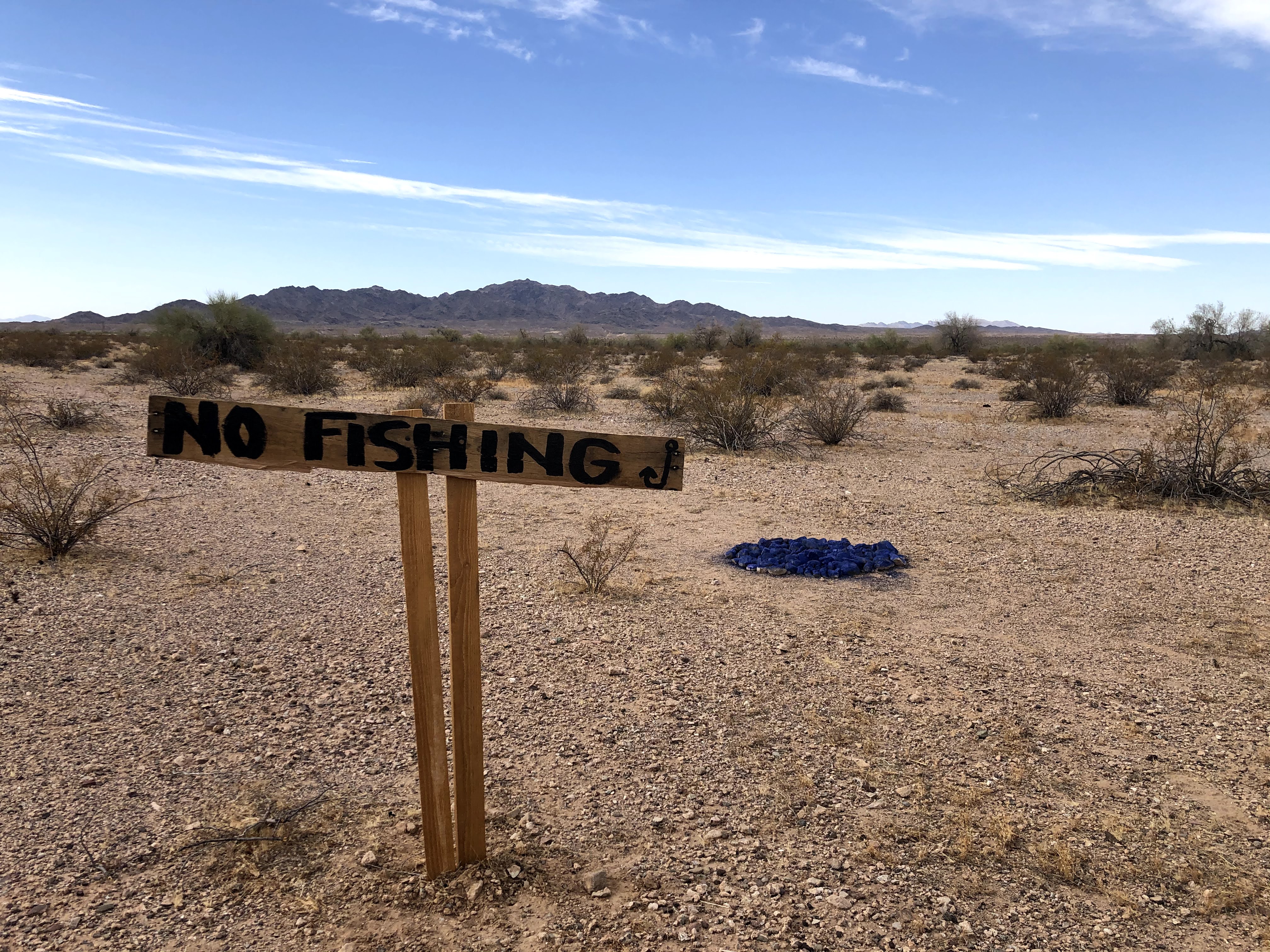 A hand-painted wooden 'NO FISHING' sign, with a fish hook drawn beside the lettering, staked into the open desert near Vidal, with mountains on the horizon.